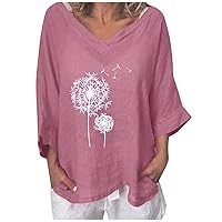 Oversized Cotton Linen Tops for Women Vintage Dandelion Graphic Tee Summer Casual 3/4 Sleeve V Neck Loose Fit Blouse