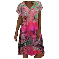 Women's Bohemian Beach Round Neck Trendy Dress Casual Summer Print Short Sleeve Long Floor Maxi Swing Flowy Hot Pink