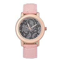 Paisley Background Womens Watch Round Printed Dial Pink Leather Band Fashion Wrist Watches