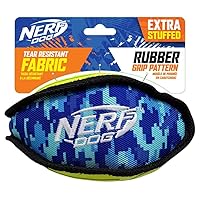 Nerf Dog 7in Tuff Rubber Dog Toy Football, Nylon Camo Plush Football, Green/Blue