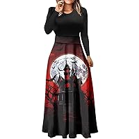XJYIOEWT Long Sundresses for Women 2024 with Sleeves, Womens Halloween Dresses Long Sleeve Crewneck High Waisted Dress