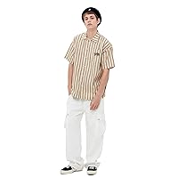 Men's Vertical Striped Lapel Shirt Boys Loose Casual Spring/Summer Cotton Short Sleeve Top,Beige,L