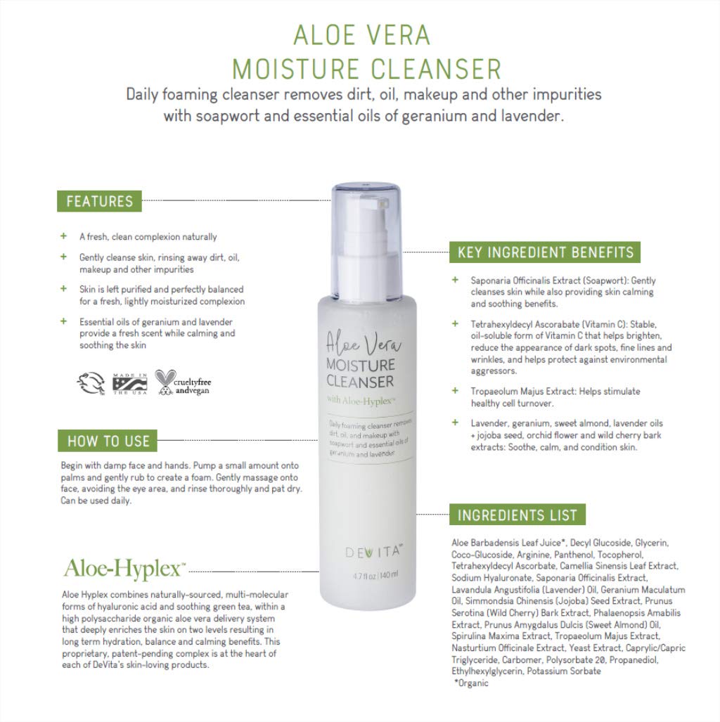 DeVita Aloe Vera Moisture Cleanser for face with AloeHyplex vegan aging defying face wash for normal, dry, oily acne, combination, or sensitive skin -5.0fl oz