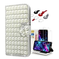 Crystal Wallet Phone Case Compatible with iPhone 13 Pro Max - Pearl Grid Lattice - White - 3D Handmade Sparkly Glitter Bling Leather Cover with Screen Protector & Neck Strip Lanyard