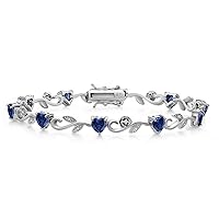 Gem Stone King 925 Sterling Silver Heart Shape Blue Created Sapphire and White Lab Grown Diamond Greek Vine Flower Tennis Bracelet For Women (5.04 Cttw, 7.5 Inch)