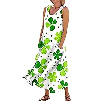 St Patricks Day Summer Tops for Women Trendy Shamrock Patterned Irish Shamrock Paddy's Day Linen Maxi Dresses for Women 2024