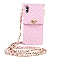 LUVI for iPhone XR Wallet Case with Neck Strap Crossbody Chain Credit Card Holder Slot with Handbag Wrist Strap Protective Cover for Girls Women Silicone Shockproof Case for iPhone XR Pink