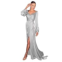 Long Sleeve Satin Prom Dresses with Train V Neck High Low Side Slit Plus Size Wedding Guest Dress for Women Formal