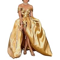 A-Line Sparkle Shine Evening Dress Off Shoulder Sleeveless Floor Length Satin Celebrity Dress with Ruched 2024