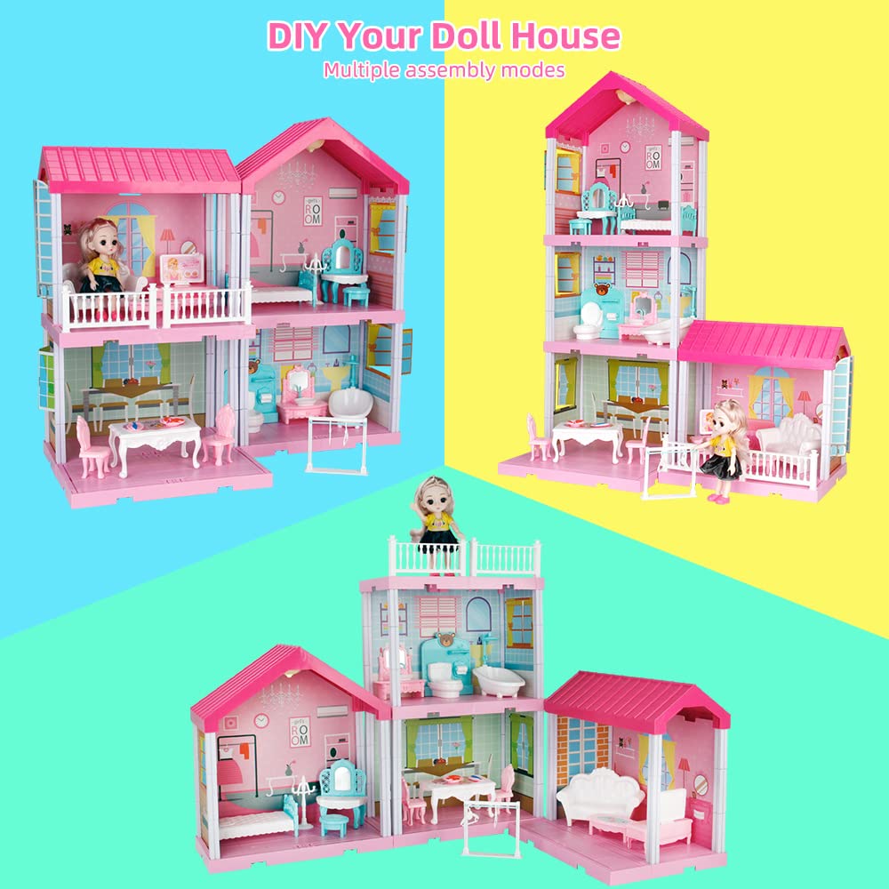 Dreamhouse Dollhouse Kit, Doll House Asseccories and Furniture, DIY Pretend Play Building Playset Toys with Doll and Lights, Dreamy Princess House for Toddlers, Kids Boys & Girls (4 Rooms)