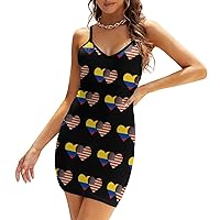 Colombia Flag and American Flag Women's Sling Dress Sexy V-Neck Dress Sleeveless Spaghetti Strap Mini Dress Bodycon Dresses