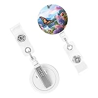 Retractable Badge Holder Cute Nursing Badge Reel Heavy Duty Badge Clip with Keychain Butterfly Garden ID Card Holders Clip-on Name Badge Tag for Office Worker Doctor Nurse Teacher