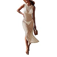 Pink Queen Women Swimsuit Cover Up Hollow Out Sleeveless Beach Maxi Dress Side Split Knit Cover Ups for Bathing Suits