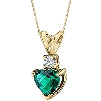 PEORA Created Emerald with Genuine Diamond Pendant in 14K Yellow Gold, Heart Shape Solitaire 6mm