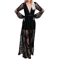 Womens Sexy Boho Floral Lace Deep V Neck Evening Dress Sheer Lantern Sleeve Split Side Cocktail Party Maxi Gown