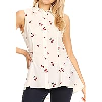 Women's Sleeveless Collar Fruit Hi Lo Print Dress Shirt Blouse Vest Top S-3X