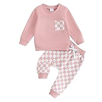 Toddler Girls Boys 2-Piece Fall Outfit, Infant Baby Plaid Long Sleeve Sweatshirt + Pants Set Kids Clothes Suit