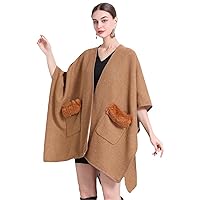 Modern Stylish Faux Fur Pocket Wool Blends Cloak Cape Women Spring Fall Winter Cardigan Wraps Poncho Long