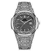 Luxury Watches Men's Retro Fashion Quartz Analog Watch Golden Stainless Steel Watch Men Date Watch (Silver Black)