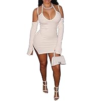 Women's Sexy Off Shoulder Long Sleeve Mini Dress Halter Lace Up Spaghetti Straps Bodycon Ribbed Club Party Dress