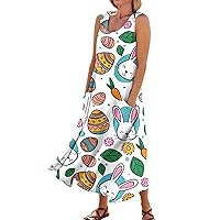 Clearance Easter Dress for Women 2024 Bunny Print Casual Loose Fit Spaghetti Strap with U Neck Sleeveless Flowy Dresses Dark Green XX-Large
