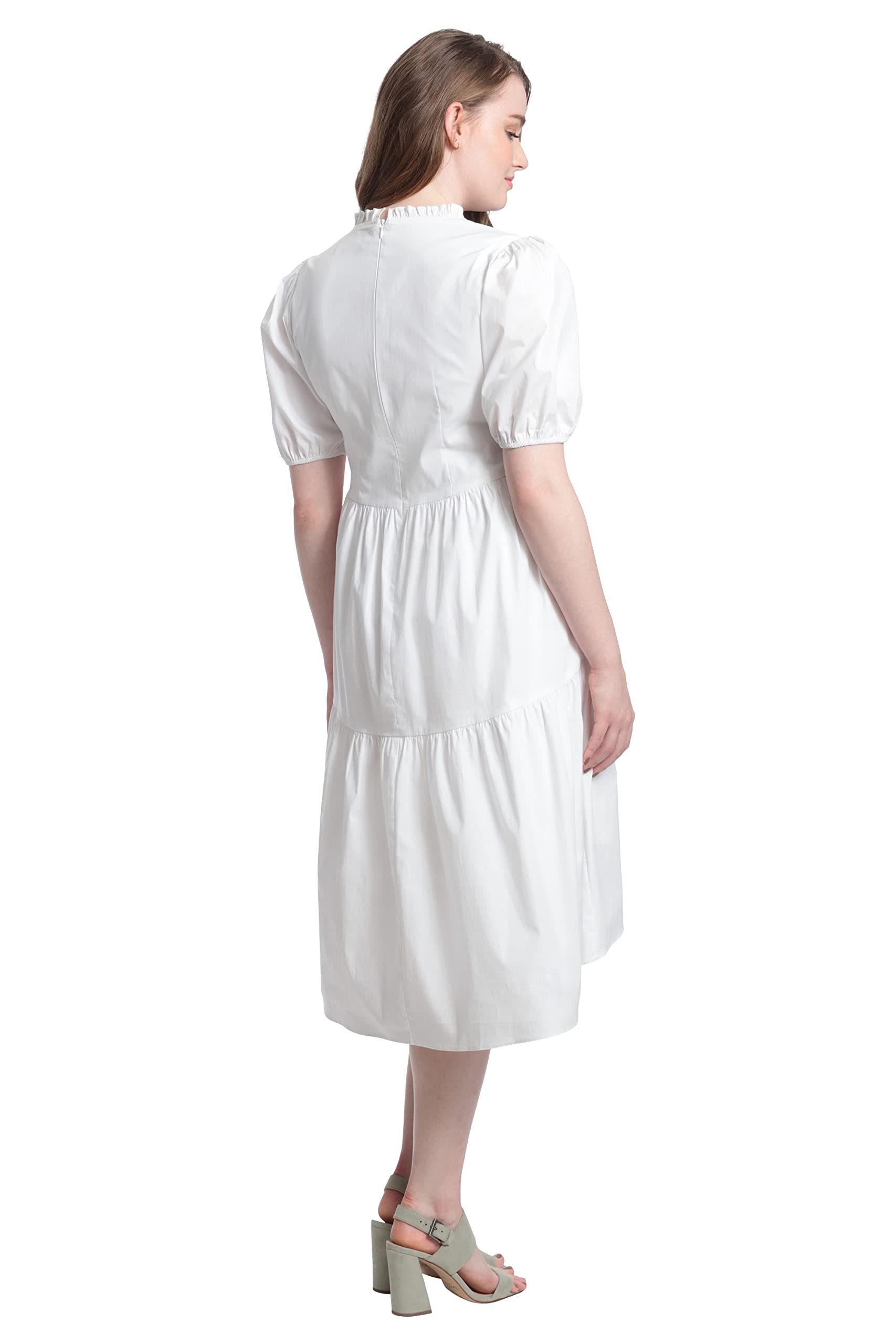 London Times Women's Short Sleeve Ruffle V-Neck Tiered Hi-Low Tent Dress