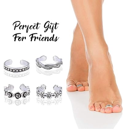 Bingirl 12pcs Celebrity Fashion Retro Silver Carved Flower Adjustable Open Toe Ring Finger Foot Jewelry