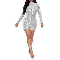 Womens Sexy Long Sleeve Turtleneck Sequins Plaid Embroidered Bodycon Party Clubwear Dress