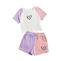 SOLY HUX Girl's Colorblock Heart Print Raglan Short Sleeve T Shirt and Shorts 2 Piece Summer Outfit White Pink Multi 11 Years