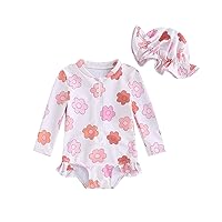 Infant Toddler Baby Girl One-Piece Swimsuit Floral/Flamingo Print Zipper Long Sleeve Ruffled Swimwear Bathing Suit
