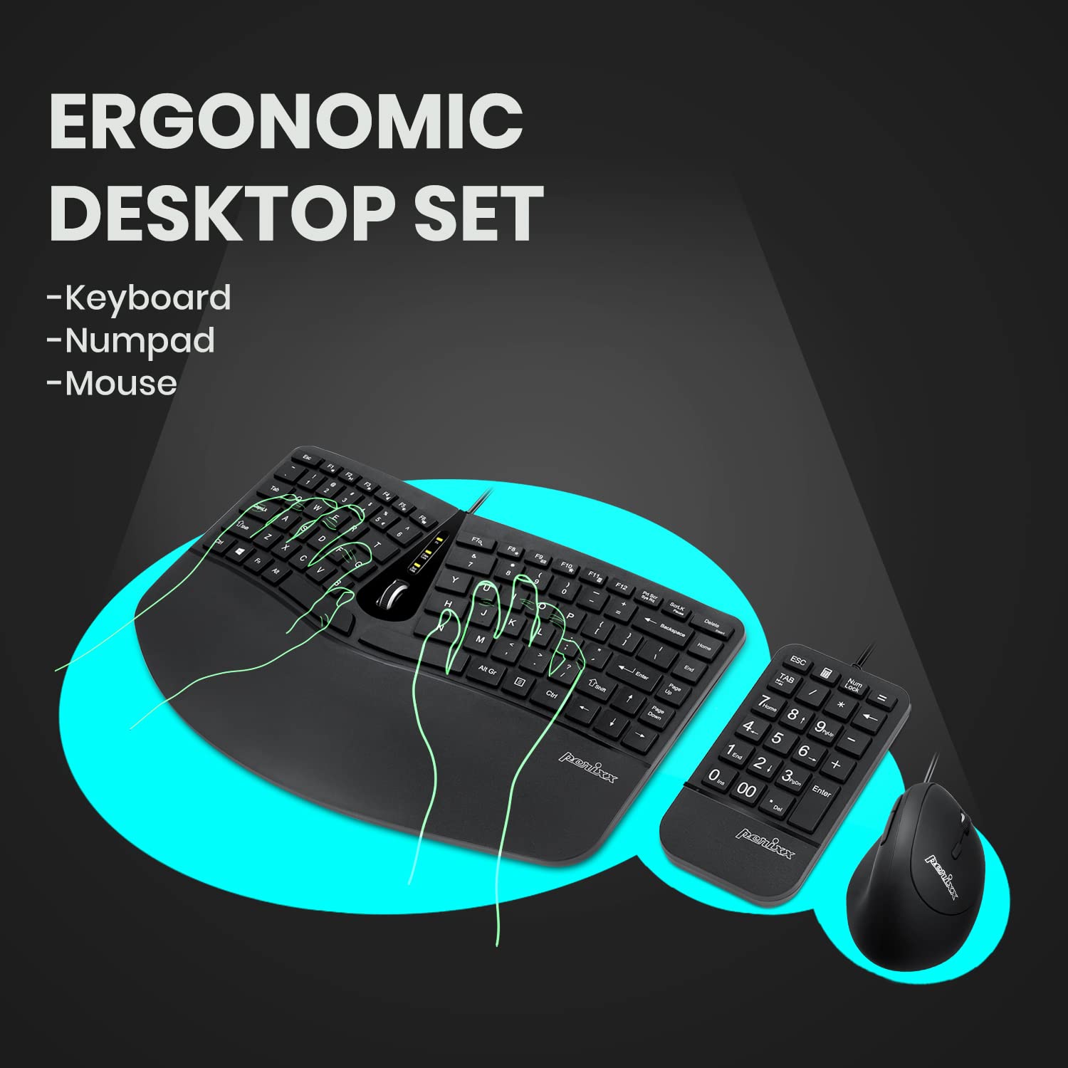 Perixx PERIDUO-406A, 3-in-1 Wired Compact Ergonomic Keyboard with Vertical Mouse and Numeric Keypad - Adjustable Palm Rest - Tilt Wheel - Membrane Low Profile Keys - US English Layout