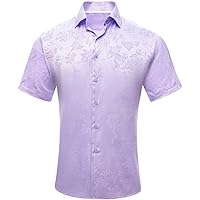 Hi-Tie Light Purple Dress Shirt for Men Designer Woven Silk Short Sleeve Regular Fit Button Down Shirt Party Prom Business(X-Large)