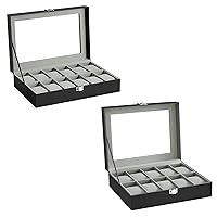 SONGMICS 2 Items Bundle - Watch Boxes, 12-Slot Watch Box with Large Glass Lid and Removable Watch Pillows, 10-Slot Watch Case, Black Synthetic Leather, Gray Lining UJWB12BK and UJWB010BK