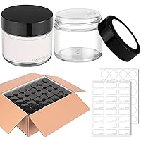 2 oz Round Clear Glass Jars, Bumobum 70 pack Cream Jars with Black Lids, Black and White Labels & Inner Liners, Empty Cosmetic Containers for Cream, Lotion