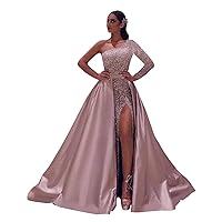 Women's Sequin Long Prom Dresses with Slit Long Sleeves Mermaid Satin Formal Evening Ball Gown with Detachable Train DE36