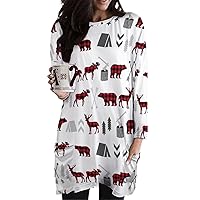 Deer Bear Women's Long Sleeve T-Shirt Dress with Pockets Crewneck Tunic Top