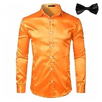 Men's Gold Silk Satin 2 Pcs Dress Shirts (Shirt+Tie) Slim Fit Button Down Wedding Party Prom Shirt Male Chemise Homme