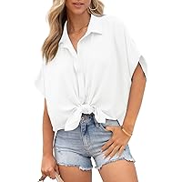 Dokotoo Womens Tops Summer V Neck Button Down Shirts Solid Short Sleeve Blouses Tops