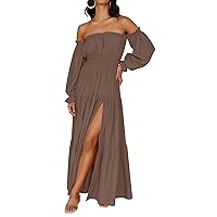 ZESICA Women's 2024 Boho Sexy Off Shoulder Long Sleeve Smocked High Waist Side Split Flowy A Line Tiered Long Maxi Dress