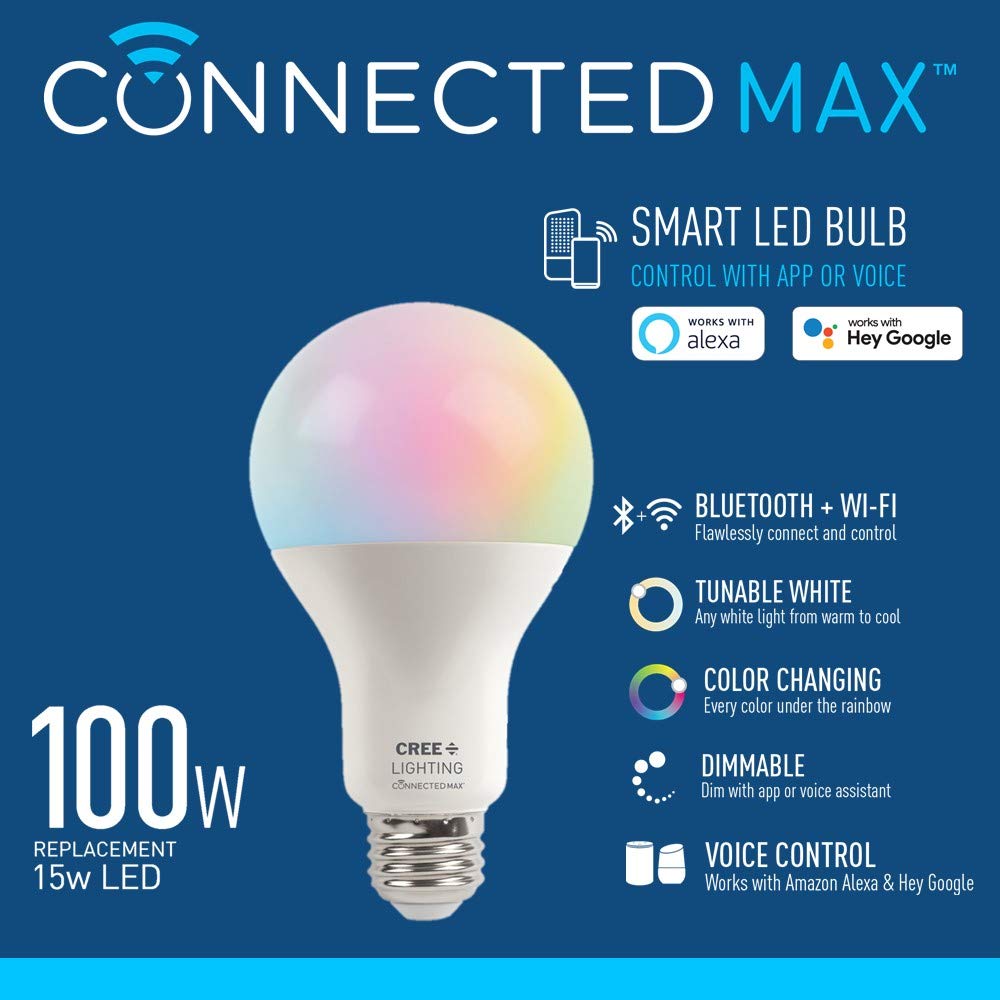 Cree Lighting Connected Max Smart Led Bulb A21 100W Tunable White + Color Changing, 2.4 Ghz, Works With Alexa And Google Home, No Hub Required, Bluetooth + Wifi, 1Pk
