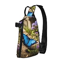 Blue Butterfly And Flowers Print Crossbody Backpack Cross Pack Lightweight Sling Bag Travel, Hiking