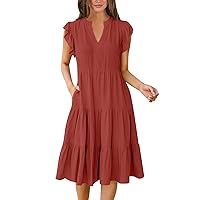 Bohemian Dress for Women 2024 Solid Color Flounce Patchwork Elegant Casual with Short Sleeve V Neck Dresses