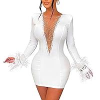 CUTUBLY Women's Sexy Long Sleeve Rhinestone Clubwear Feather Mesh See Through Mini Dress Party Club Night Outfit(6169,White,M)