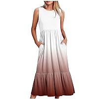 Deals of The Day Lightning Deals Women Sleeveless T-Shirt Dress with Pockets Loose Fitting Casual Long Dresses Tiered Ruffle Swing Tank Maxi Dress Strapless Bathing Suit Wine