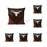 Cowhide Leather Cushion Cover with White Cow Hide Bull Head and Sweat frienge in Center., Brown Tan Top Grain Finish Set of (6)