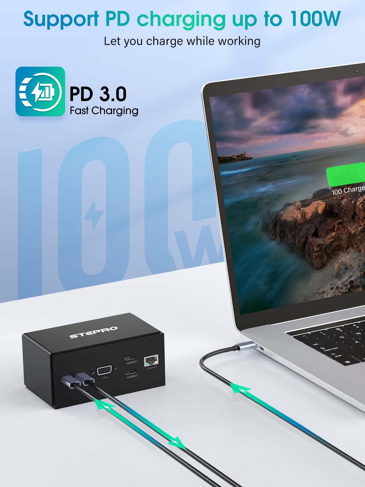 Docking Station, STEPRO 14 in 1 USB C Docking Station Quadruple Monitor Compatible for MacBook and Windows, Thunderbolt Dock with USB-A and USB-C Cable(2HDMI,VGA,PD3.0,RJ45,4 USB Ports,SD/TF,Audio)