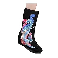 Women and Ladies The Noble Gorgeous Phoenix Embroidery Incease Mid-Calf Boot Shoe