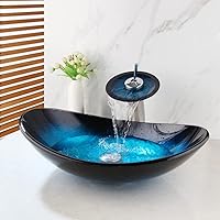 MINIFOUCET Art Blue Bathroom Oval Glass Vessel Sink Basin Combo Waterfall Faucet Drain Wash Basin Bowl Waterfall Mixer Chrome Brass Faucets Pop-up Drain Combo With Cold & Hot Water Hoses