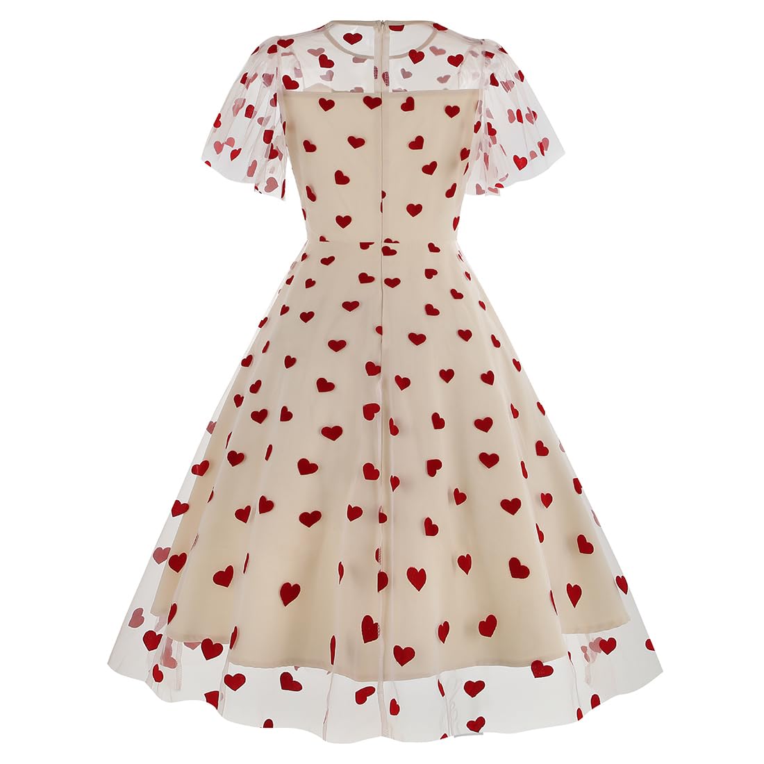 IBTOM CASTLE Women's 1950s Vintage Dress Short Sleeve Heart Print Mesh Retro Evening Prom Cocktail Party Swing A Line Dress