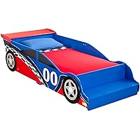 KidKraft Wooden Racecar Toddler Bed with Built-in Bench & Bed Rails - Red & Blue